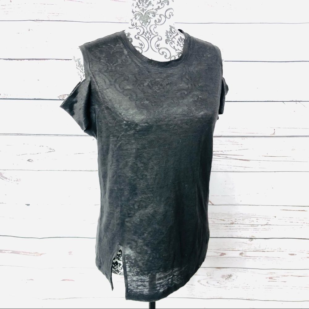 Halston Heritage 100% Linen One Shoulder Cut Out T-Shirt Top Tee Black XS